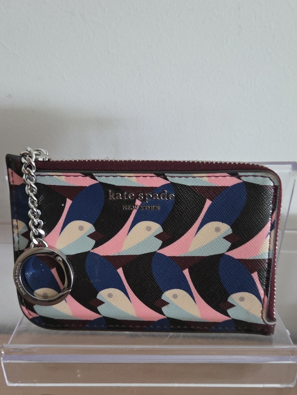 kate spade Love Birds navy, pink & cream zip card wallet with Key Ring EUC